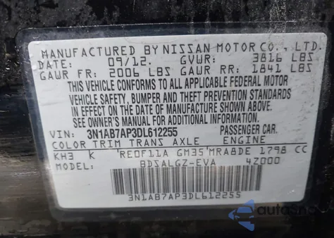 2013 Nissan Sentra Sl z USA, uszkodzony, nr VIN 3N1AB7AP3DL612255